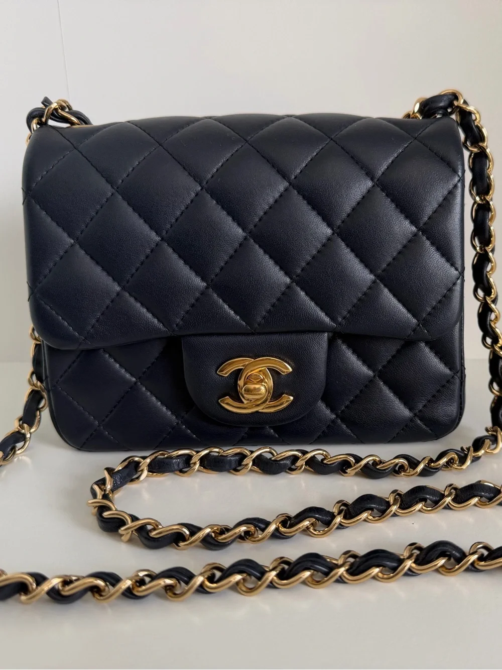 CHANEL Mini Square Flap Quilted Lambskin in Navy with Gold Hardware